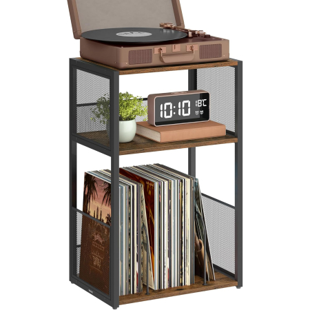 Mobila living - Suport pentru pickup si depozitare viniluri, 3 niveluri, cadru metalic, 43x30x69 cm, maro rustic