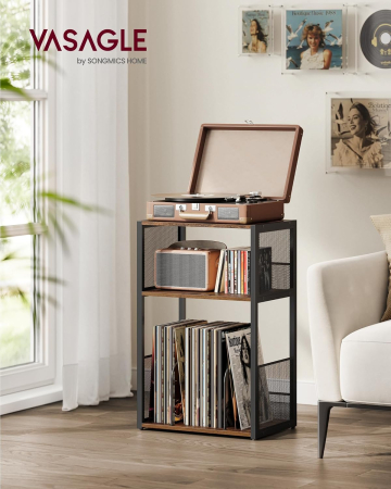 Suport pentru pickup si depozitare viniluri, 3 niveluri, cadru metalic, 43x30x69 cm, maro rustic [5]