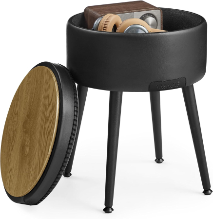 VASAGLE Taburet cu spatiu de depozitare, tapitat PU, cu 2 fete, diametru 32 cm, negru [11]