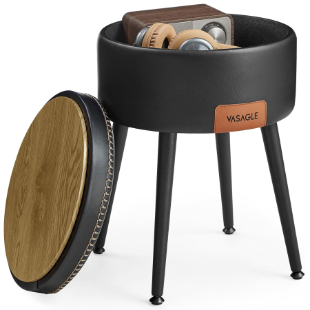 Mobila - VASAGLE Taburet cu spatiu de depozitare, tapitat PU, cu 2 fete, diametru 32 cm, negru