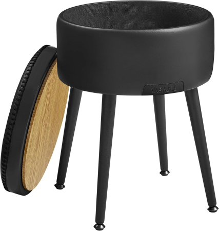 VASAGLE Taburet cu spatiu de depozitare, tapitat PU, cu 2 fete, diametru 32 cm, negru [10]