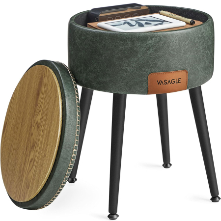 Tabureti si fotolii - Taburet cu spatiu de depozitare, tapitat PU, cu 2 fete, diametru 32 cm, verde