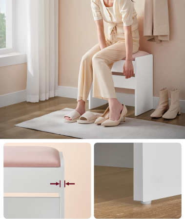 Taburet masa toaleta tapitat cu catifea, picioare cu protectii, 29x45x45 cm, alb si roz [2]