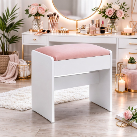 Mobila dormitor - Taburet masa toaleta tapitat cu catifea, picioare cu protectii, 29x45x45 cm, alb si roz