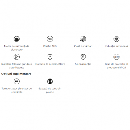 Ventilator baie VentEurope FANCY100BDHT, diametru 100 mm, debit 90 mc/h, clapeta anti-retur, temporizator, senzor de umiditate, IP24, silentios, economic, Alb [1]
