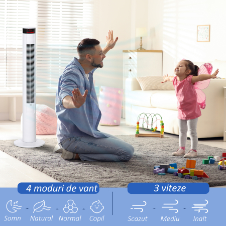  Ventilator Coloana cu 3 Viteze si 4 Moduri, Timer de12h, Panou LED si Telecomanda, Alb [3]