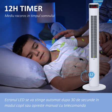  Ventilator Coloana cu 3 Viteze si 4 Moduri, Timer de12h, Panou LED si Telecomanda, Alb [5]