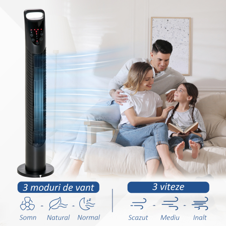  Ventilator Reglabil Oscilant cu 3 niveluri de viteza si Telecomanda de control de la distanta, Ф18x78.5cm Negru [3]