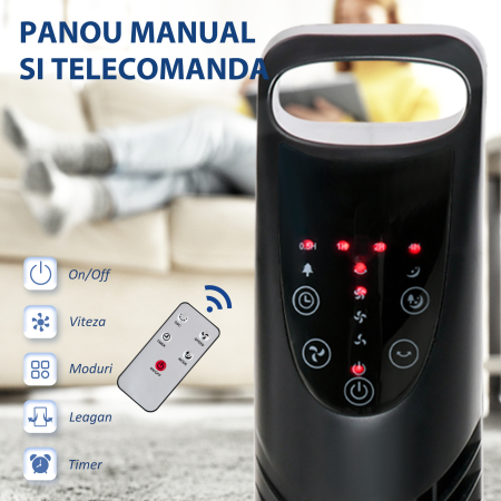  Ventilator Reglabil Oscilant cu 3 niveluri de viteza si Telecomanda de control de la distanta, Ф18x78.5cm Negru [5]