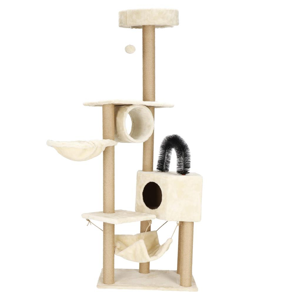 Ansamblu joaca pisici loc zgariat ascunzatoare culcus hamac minge, 154 cm, stalpi sisal, crem Brius 