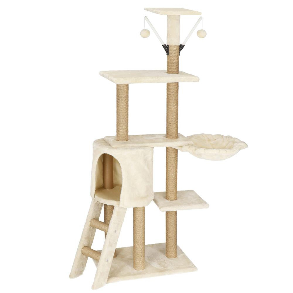 Ansamblu joaca pisici loc zgariat ascunzatoare culcus mingi, 136 cm, stalpi sisal, crem Brius 