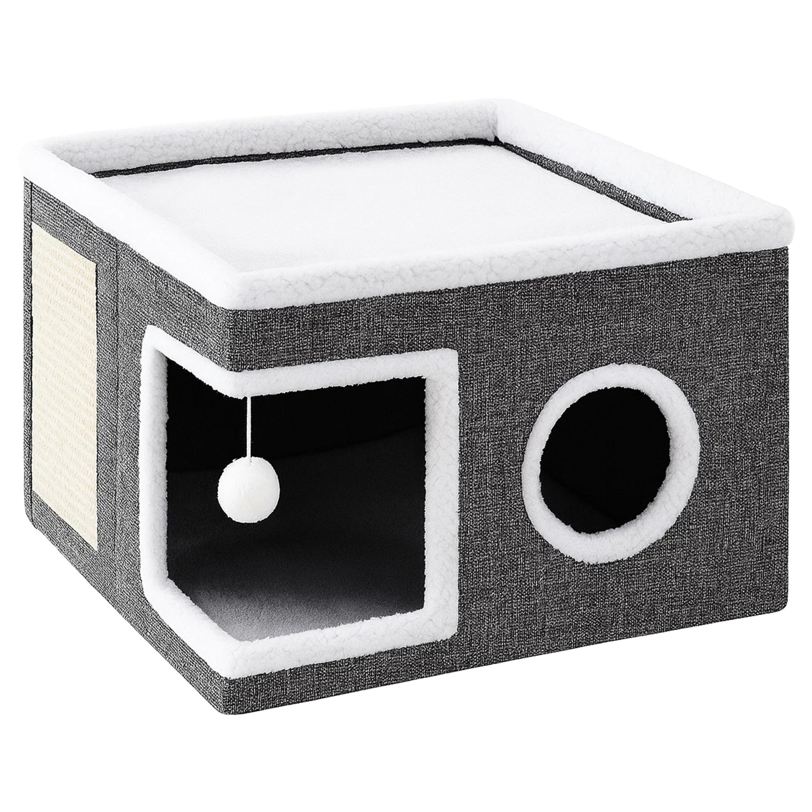 Ansamblu joaca pisici casuta pat superior jucarie inclusa, 42x42x30 cm, stalpi sisal, bej Brius 