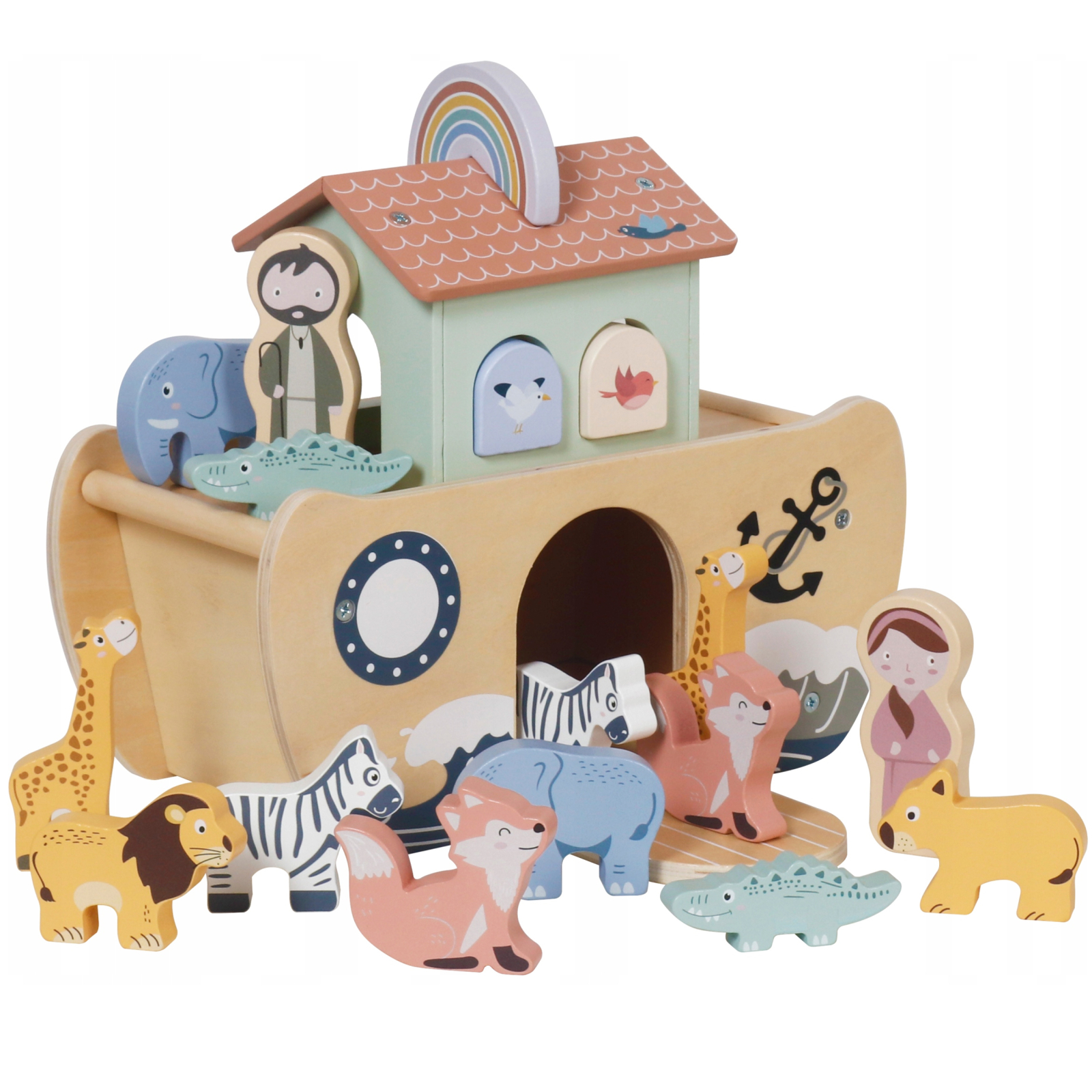 Arca lui Noe din lemn, jucarie educativa cu 17 figurine, 25x13x23 cm, multicolor Brius 