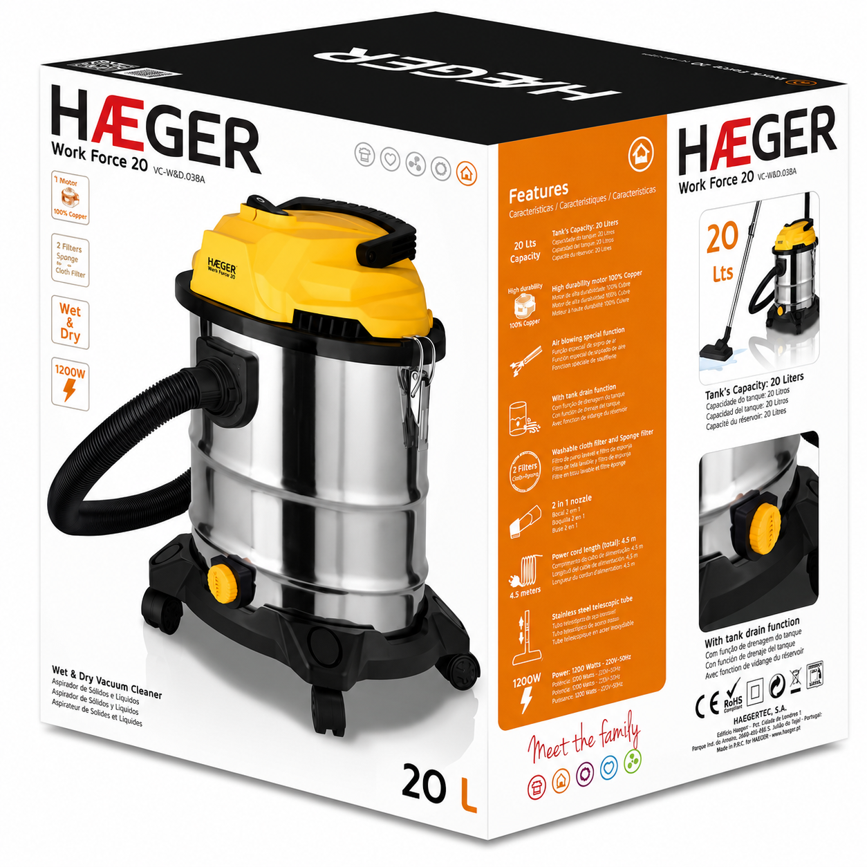 Aspirator cu filtrare in apa si absortie lichide HAEGER WORK FORCE 20, Putere 1200W, Capacitate 20L, Functie de golire rezervor si suflare aer, filtru lavabil, Galben [15]