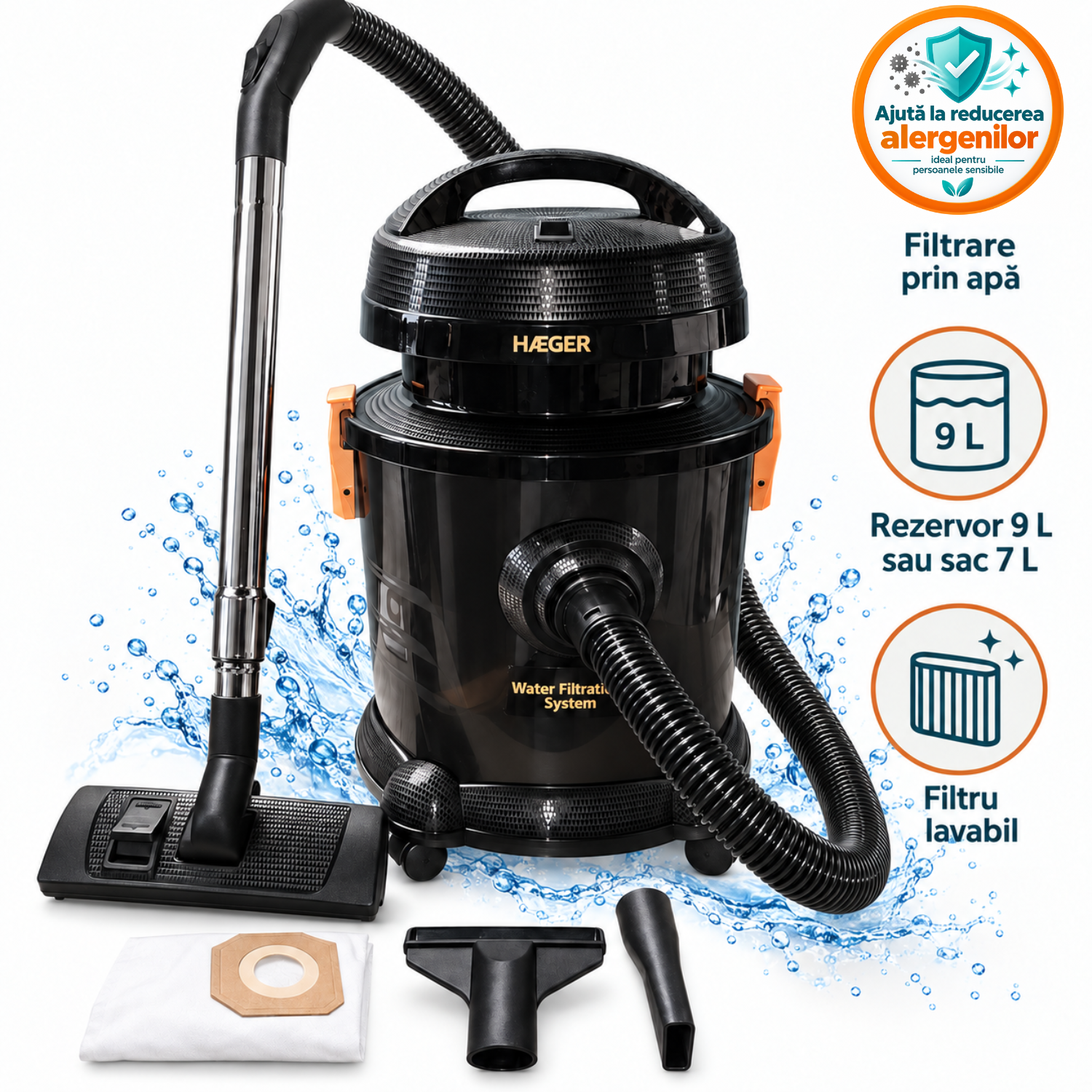 Aspirator cu fitrare prin apa HAEGER AQUACLEAN 1200, Putere 1200W, Rezervor apa 9L, Capacitate sac aspirare uscata 7L, Filtrare cu apa recomandata