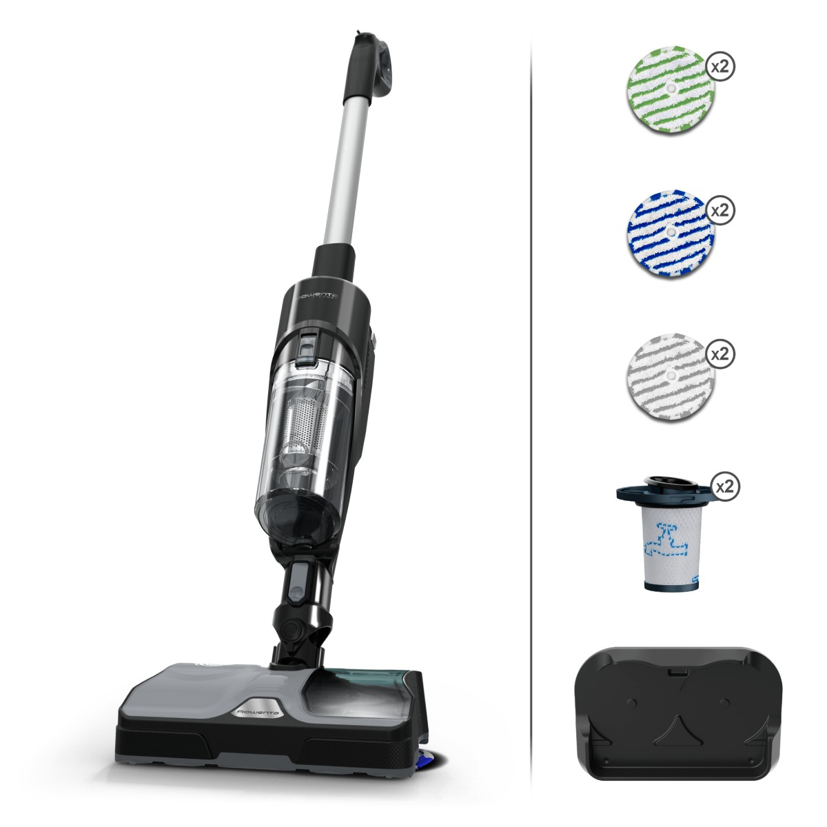 Aspirator vertical Rowenta X-Combo GZ3039WO, 215 W, 0.55 l, Tehnologie Aerospin, Autonomie 60 minute, Tehnologie Ciclonica, Negru Argintiu
