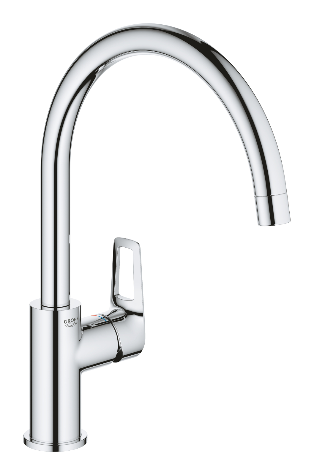 Baterie bucatarie Grohe 31368001, bucatarie Bauloop, tip comanda monocomanda, marime inalta, forma pipa tip c, crom