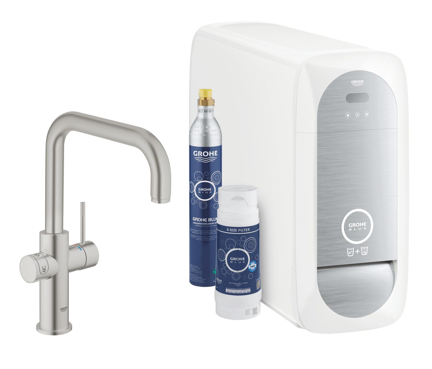 Baterie bucatarie Grohe 31456DC1, Blue Home, inalta, tip U, filtrare, CO2, racire, mat, otel satinat