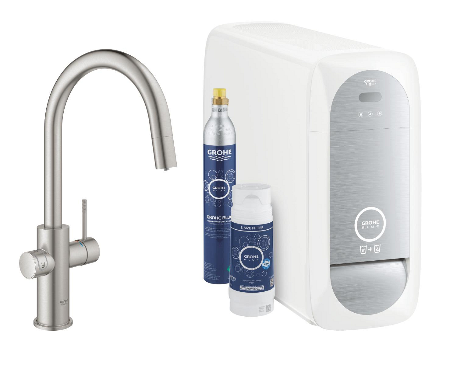Baterie bucatarie Grohe 31541DC0, Blue Home, inalta, tip C, dus extractabil, filtrare, CO2, racire, mat, otel satinat