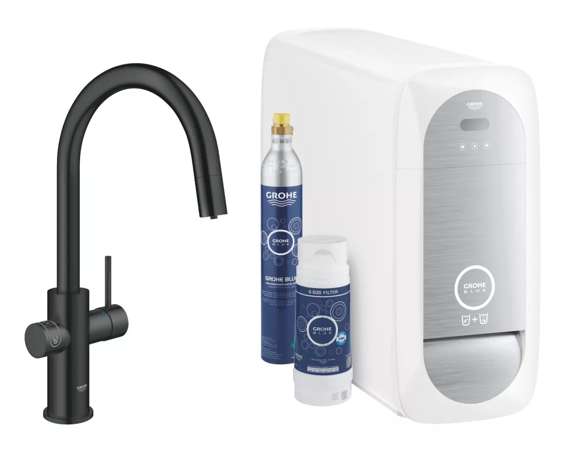 Baterie de bucatarie Grohe Blue Home 31541KS0, 3 8  , pipa inalta, Tip C, filtrare, racire, apa carbogazoasa, dus, Smart, mat, negru