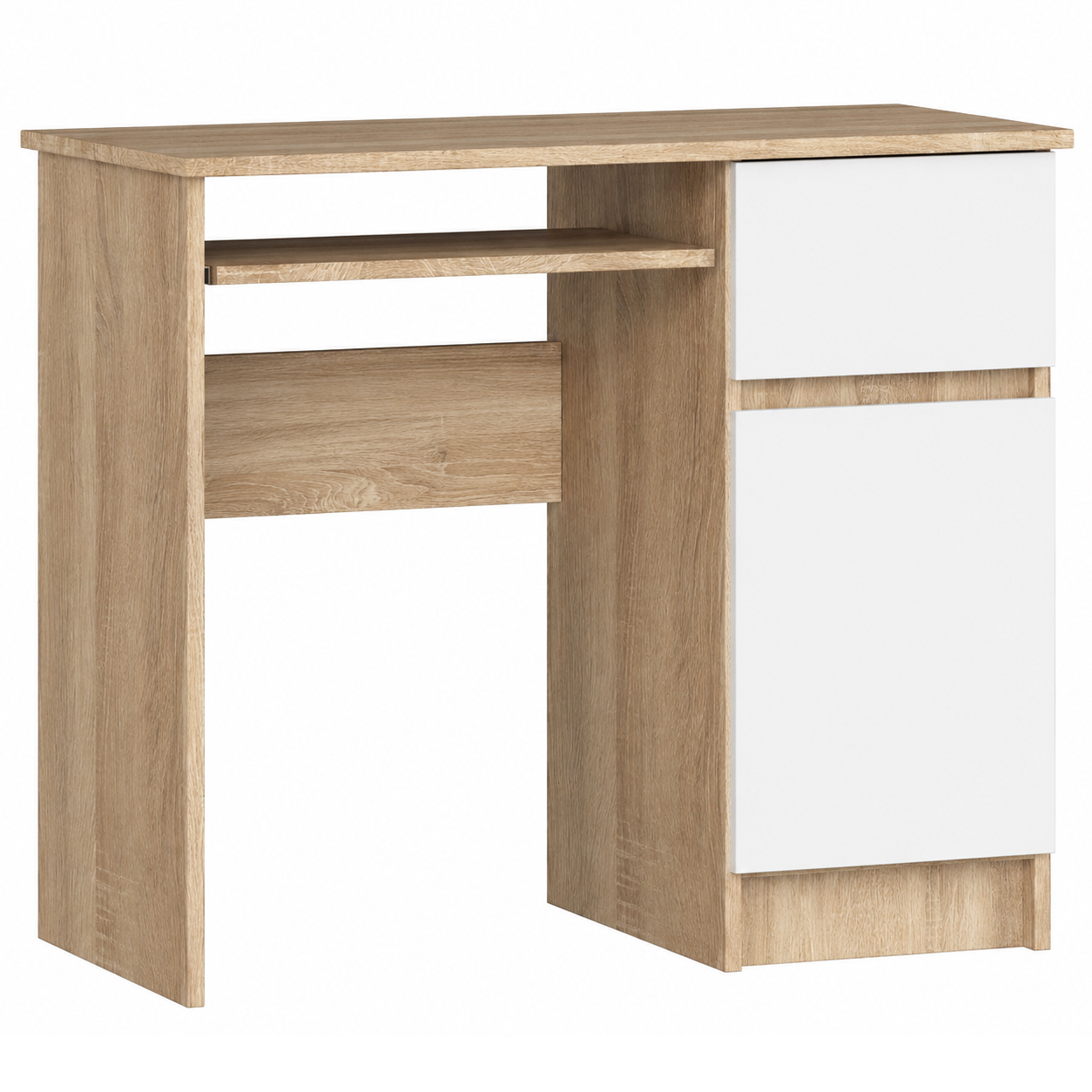 Birou computer PIKSEL, cu sertar, dulap si raft pentru tastatura, dreapta, 90x50x77 cm, stejar sonoma si alb Stejar/Alb