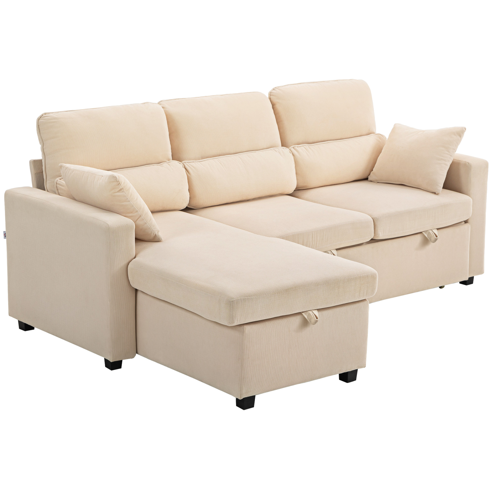 Canapea de Colt Convertibila in Pat cu Spatiu de Depozitare, Acoperire in Catifea cu Coarde si Doua Perni, 205x135x76 cm, Bej Brius 