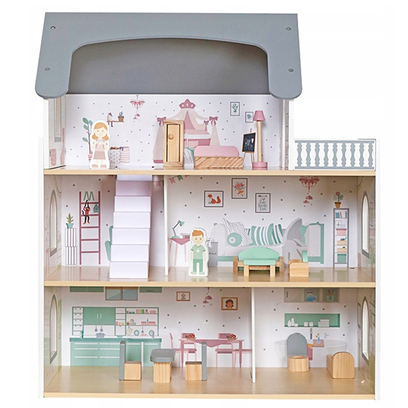 Casuta pentru papusi din lemn cu 3 niveluri, mobilier si accesorii, 61x26x71 cm, multicolor Brius 