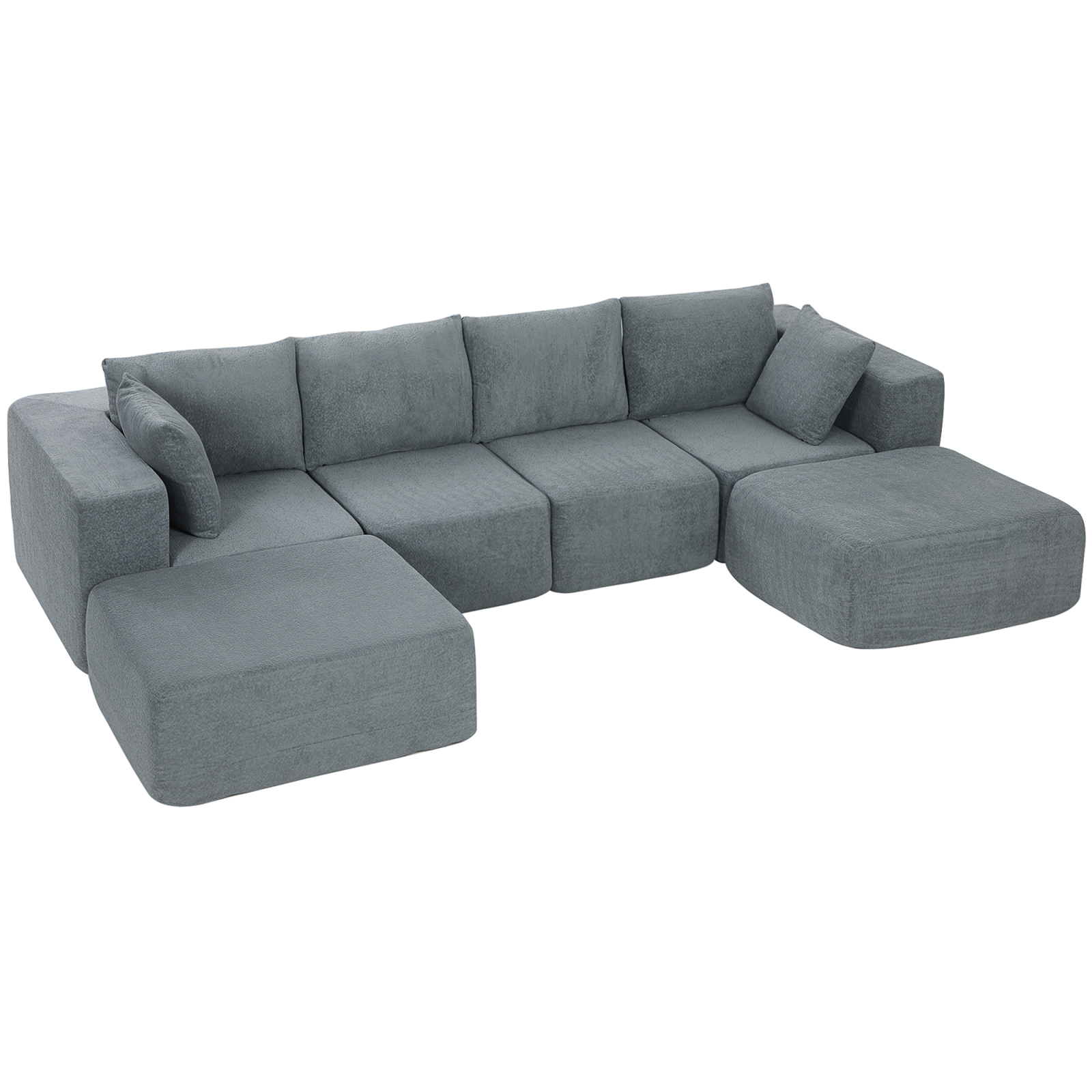 Coltar Modular 4 Locuri Fara Structura, sezut Spatios si Adanc, Coltar Componibil in Forma de U cu 2 Tabureti, Brate Largi si Perne, Catifea, Brius 