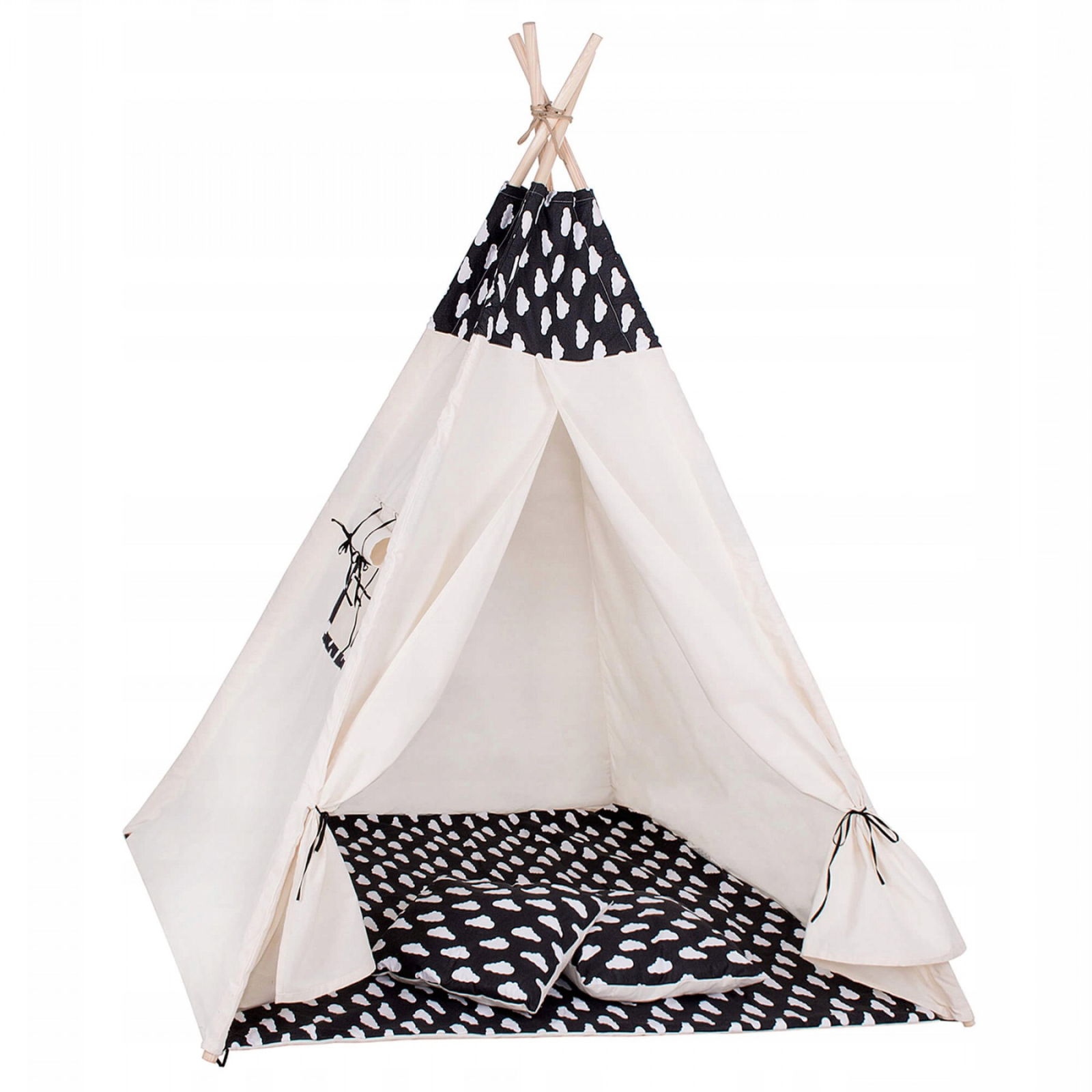 Cort copii stil indian Teepee Tent cu fereastra, covoras gros si 2 perne, alb negru cu norisori