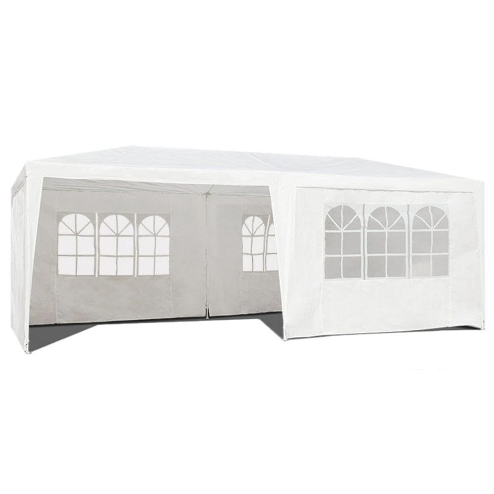 Cort de gradina 300x600 cm, 6 pereti detasabili cu ferestre si usa, structura metalica, PE impermeabil, alb