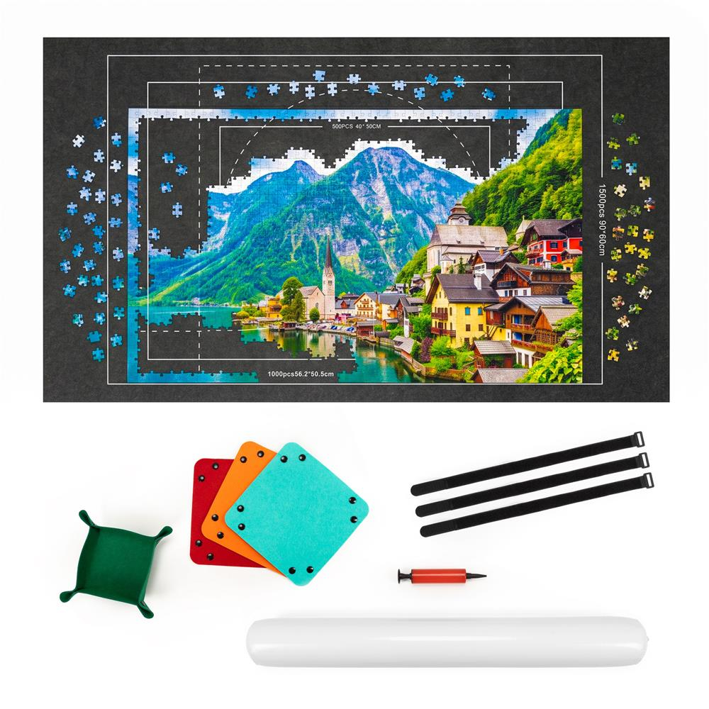 Covoras pentru puzzle de pana la 1500 de piese, cu rola gonflabila pentru pastrarea puzzle-ului inceput, 4 organizatoare pentru sortarea pieselor, pom