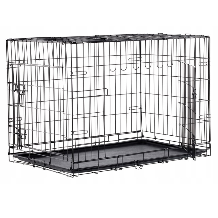 Cusca metalica pliabila animale maner tava detasabila, 107x69x76 cm, transport usor, negru Brius 