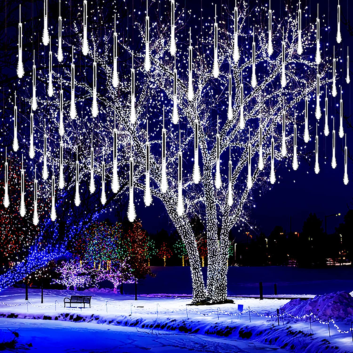 (DL) Instalatie de Craciun, 8 tuburi, 30cm, 144 LED, ploaie de meteoriti, alb