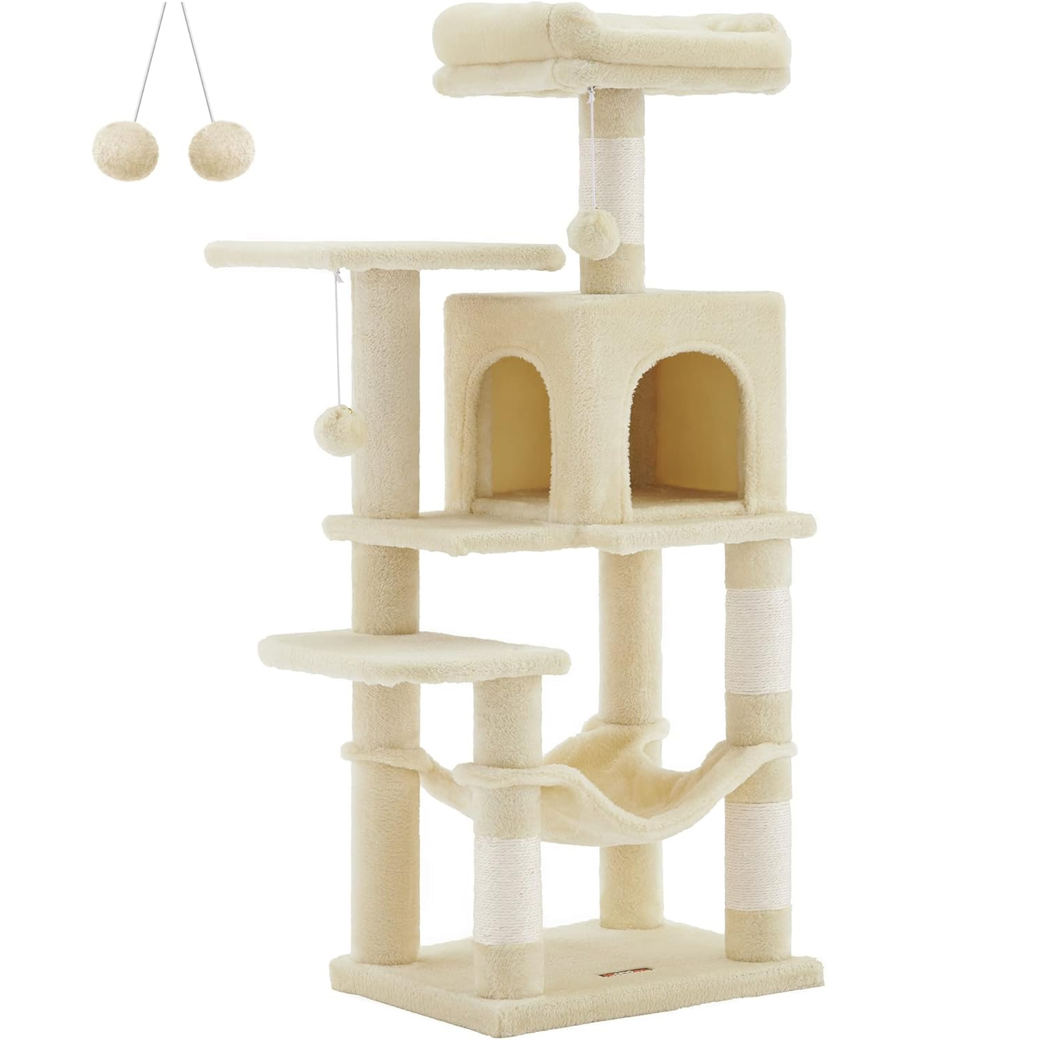 Ansamblu de joaca pentru pisici cu 2 platforme, 1 culcus, hamac si 4 stalpi sisal, 45x35x112 cm, bej Brius 