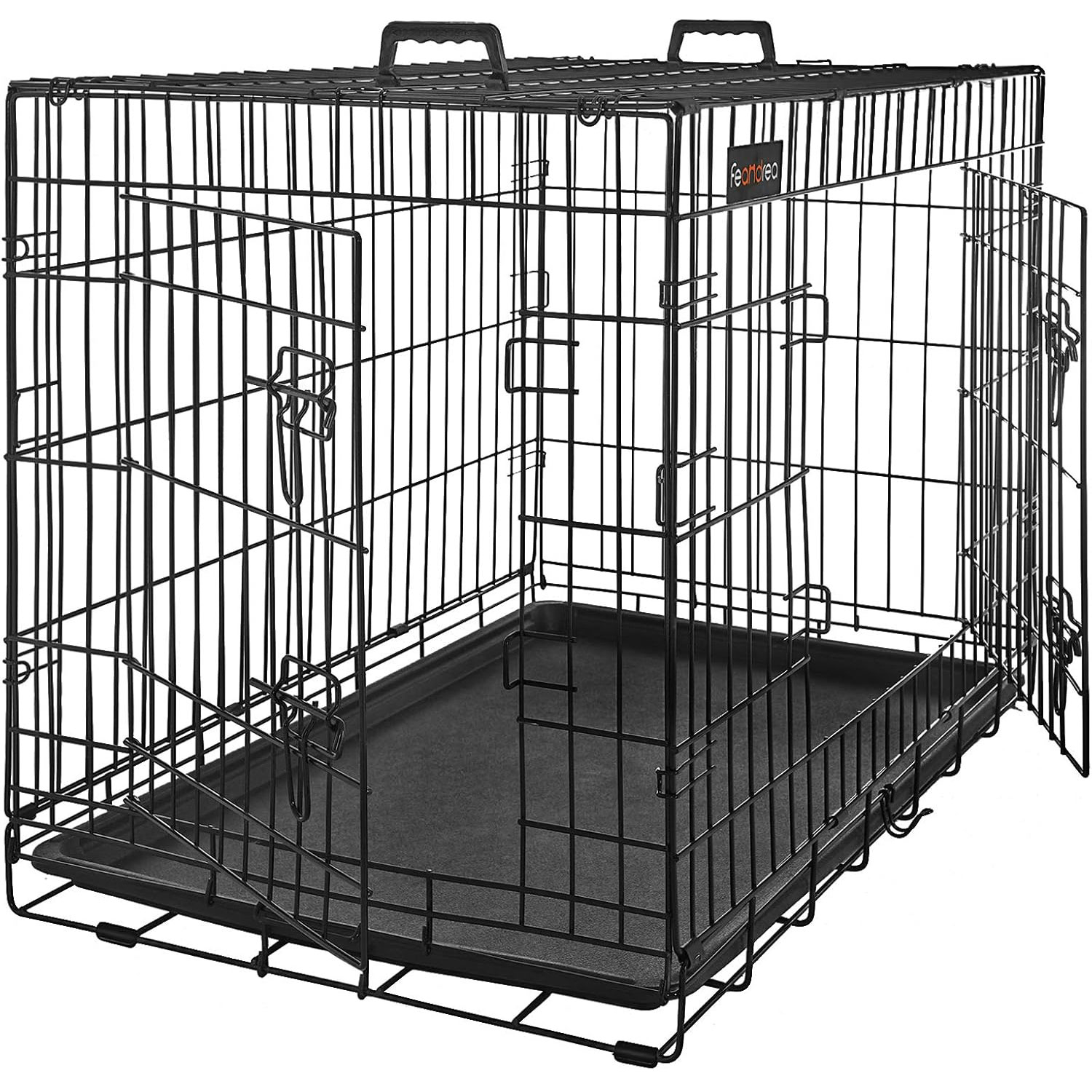 Cusca pentru animale, 2 usi, pliabila din metal, perete separator si tava detasabile, XL, 107x70x78cm, negru Brius 