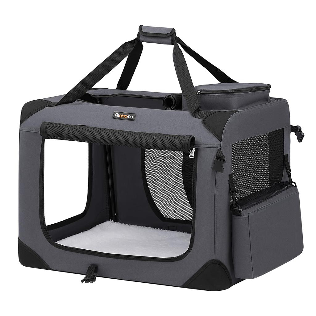 Geanta transport animale de companie, pliabila, cu cadru metalic, saltea inclusa, marime L, 70x52x52 cm, gri Brius 