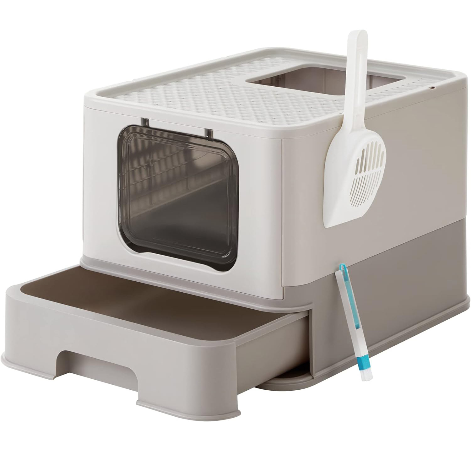 Litiera pisici cu capac tava extensibila maxim 15 kg, 54x43x38 cm, design igienic, gri Brius 
