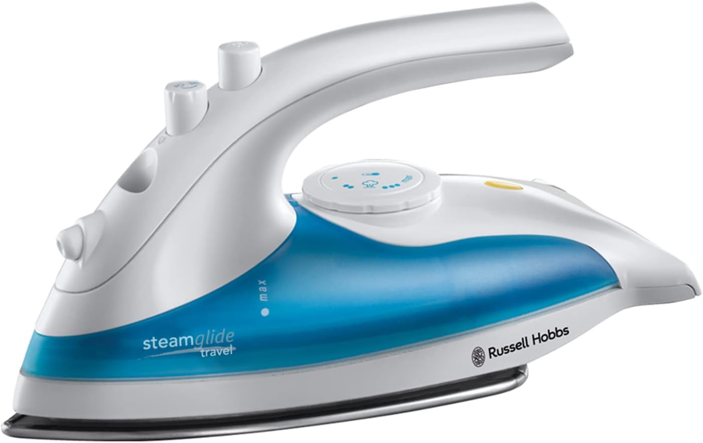 Fier de calcat de voiaj Russell Hobbs 22470-56 Steam Glide, dual voltage 110-240V, talpa inox, abur variabil, Alb Albastru Russell Hobbs 