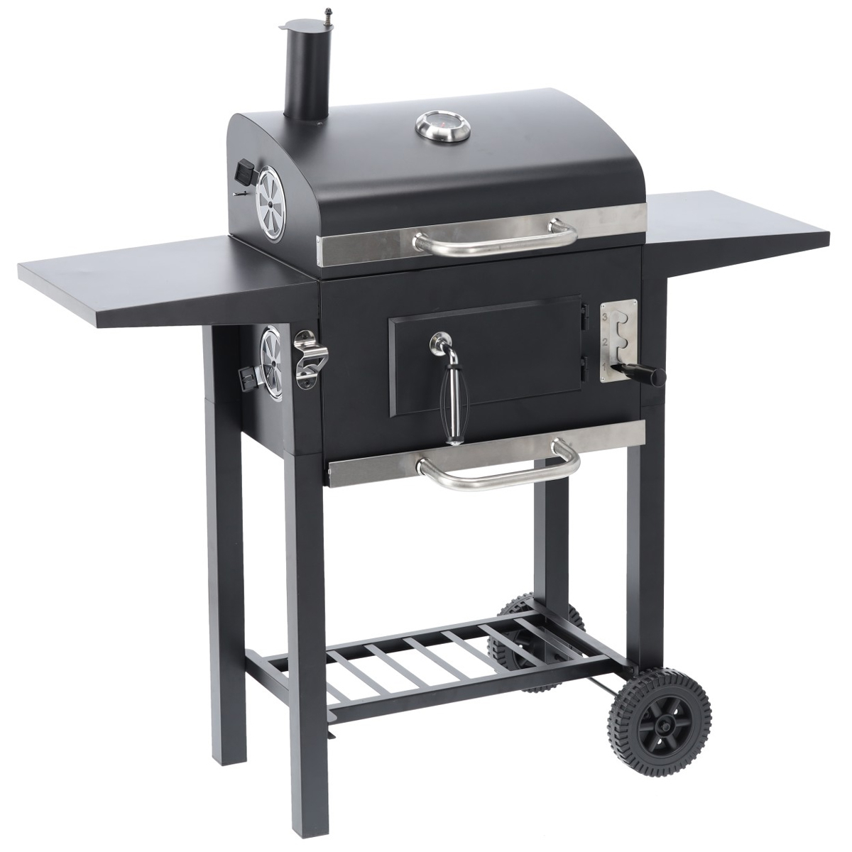 Gratar carbuni cu capac, manevrabil pe roti, termometru integrat, grill fonta, 109x46x107 cm, negru Brius 