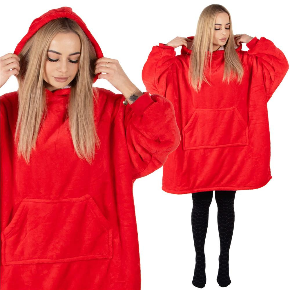 Hanorac tip patura oversize din fleece moale, cu gluga si buzunar mare, rosu