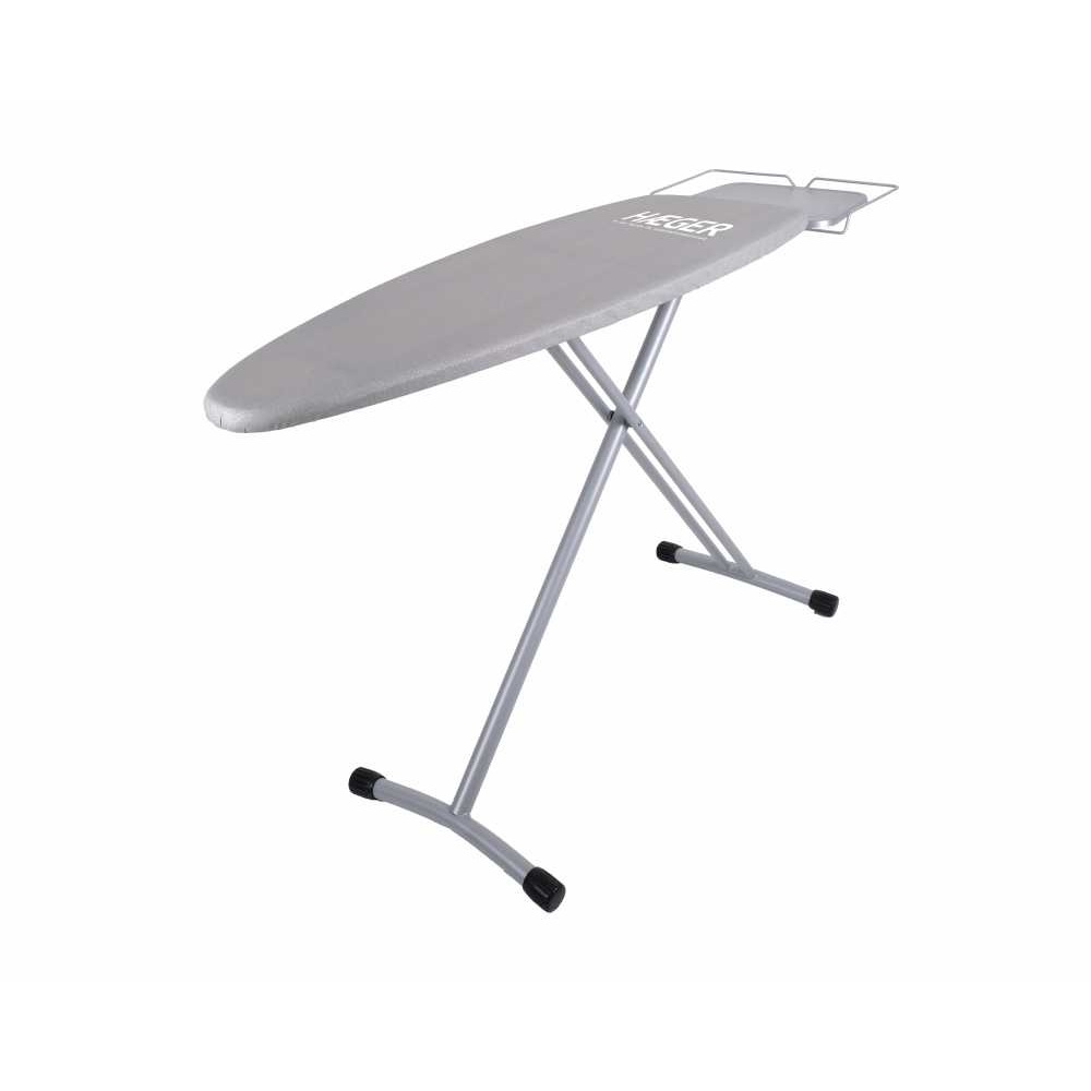 Masa de calcat HAEGER STRONG HOME PRO, Suprafata metalica 124×40 cm, Reglaj continuu pana la 94 cm, Suport pentru statie de calcat, Gri metalizat