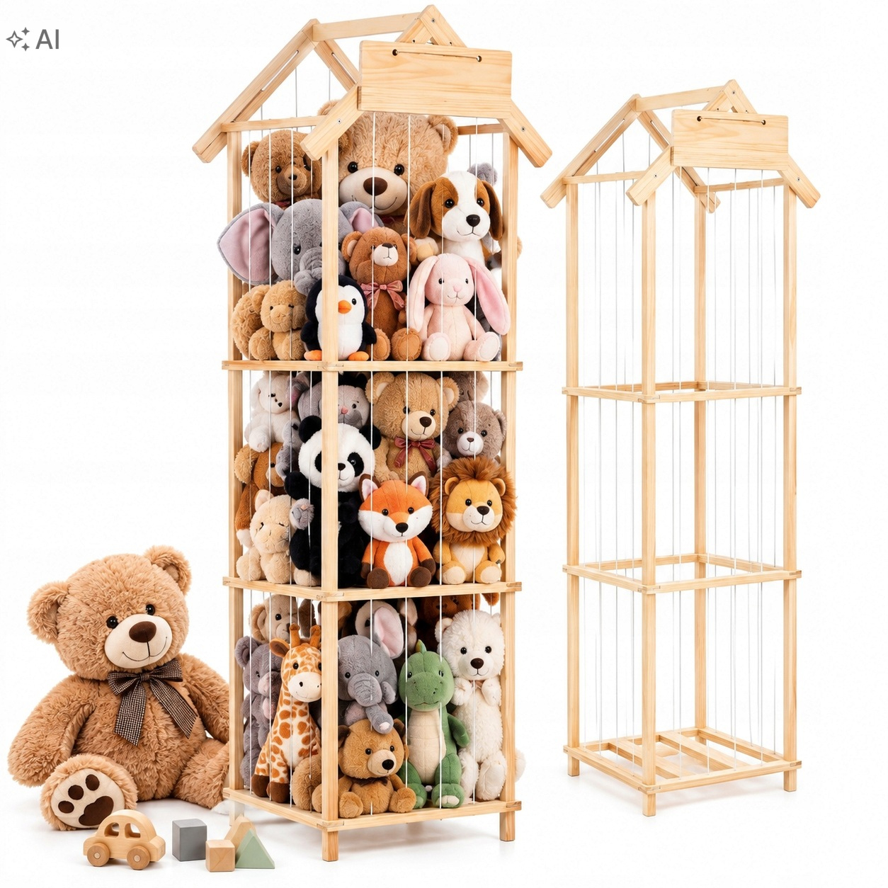 Organizator vertical pentru jucarii si plusuri cu 3 niveluri, din lemn natural de pin, corzi elastice laterale pentru ac