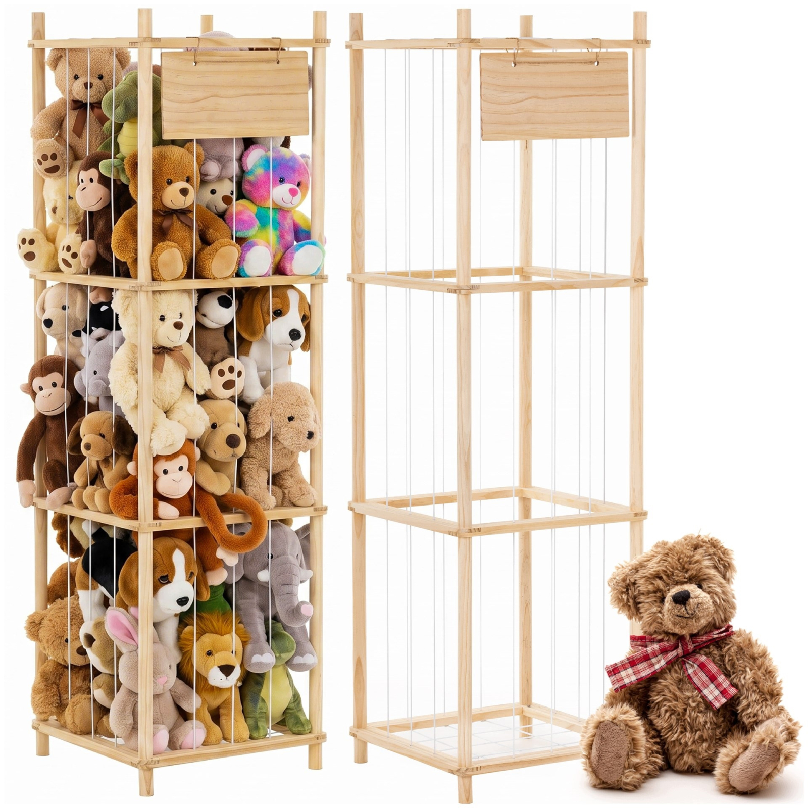 Organizator vertical pentru jucarii si plusuri, din lemn natural de pin, cu corzi elastice laterale pentru acces rapid, design tip turn pentru economi