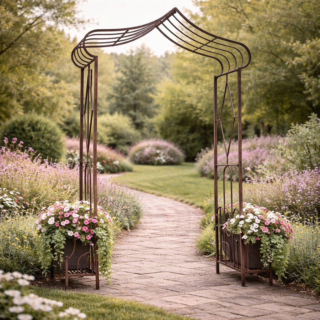 Pergola gradina metalica cu suport plante cataratoare, design maro antichizat, montaj sol, 173x51x260 cm, maro antic