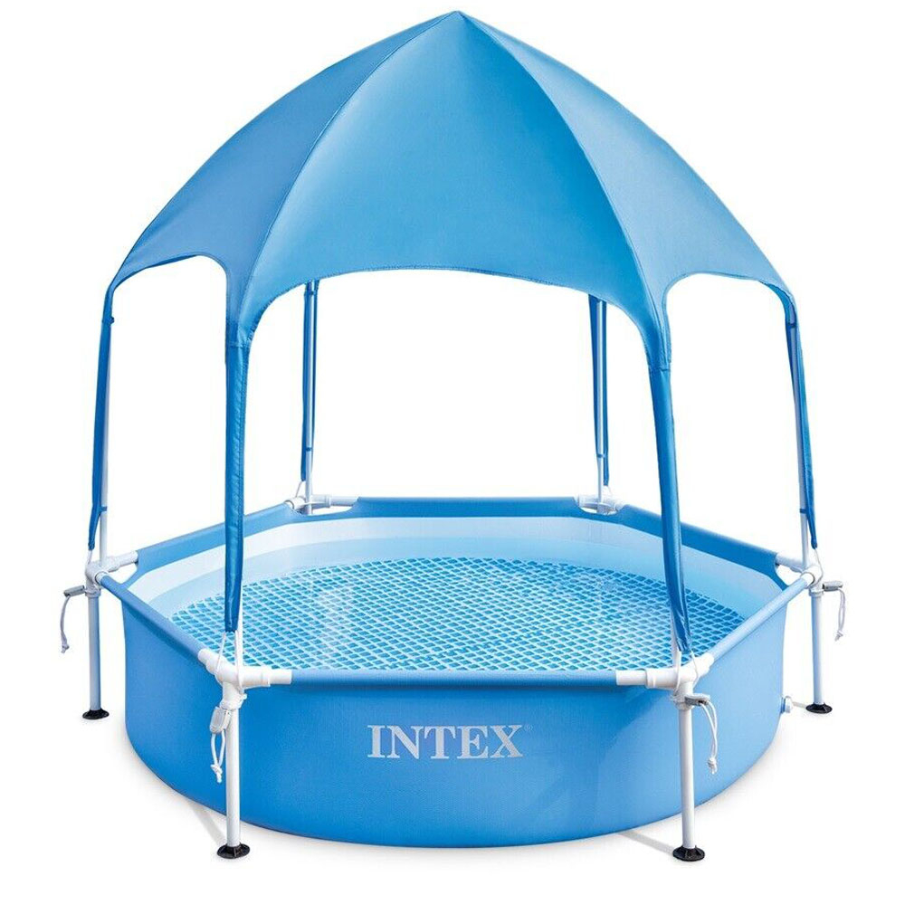 Piscina copii rotunda cu cadru metalic, parasolar UPF 50+, pulverizator ceata, D183xH38 cm, albastru