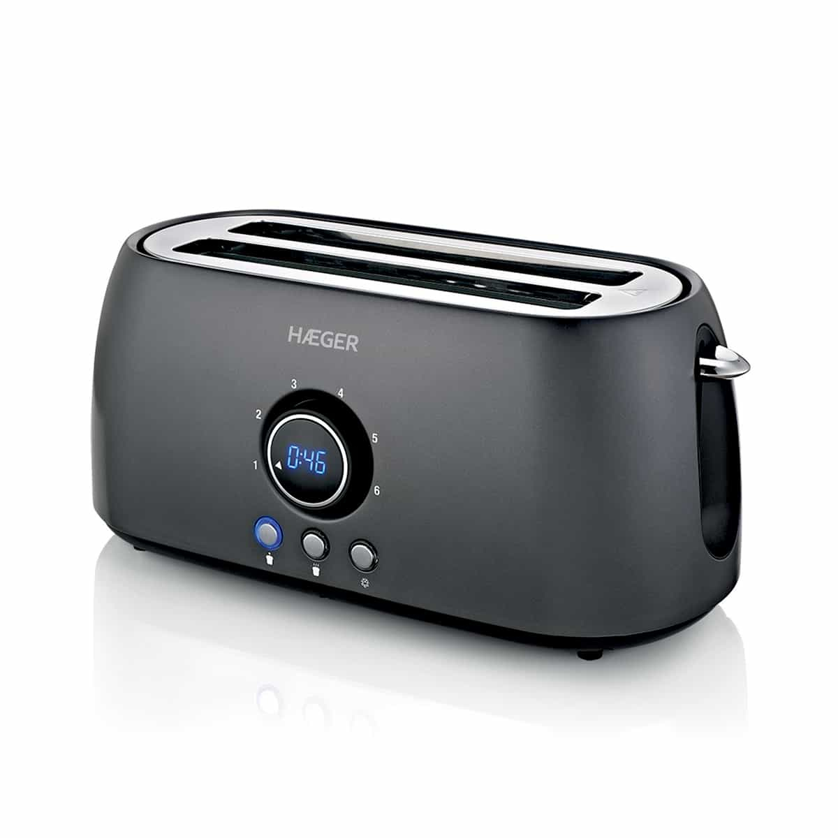 Prajitor de paine HAEGER FUTURE PLUS digital, Putere 1400 W, 2 fante lungi, 6 nivele de rumenire, Timer, Tava pentru firimituri