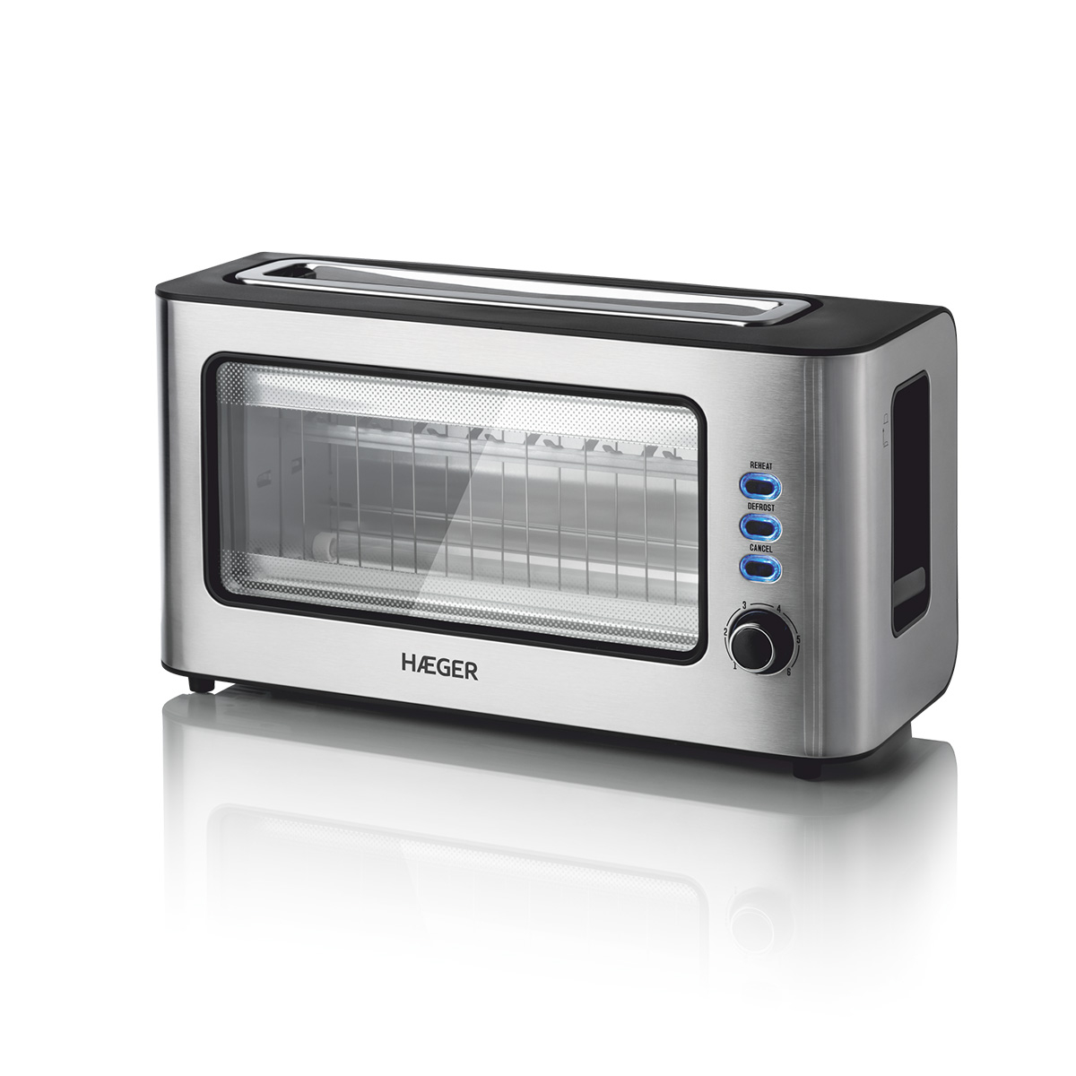 Prajitor de paine HAEGER WINDOW, Putere 1000 W, 1 fanta extra-lata, 6 nivele de rumenire, Carcasa din inox, Inox