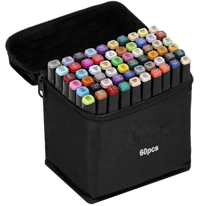 Set 60 de carioci profesionale, markere multicolore, cu cerneala pe baza de alcool, cap dublu