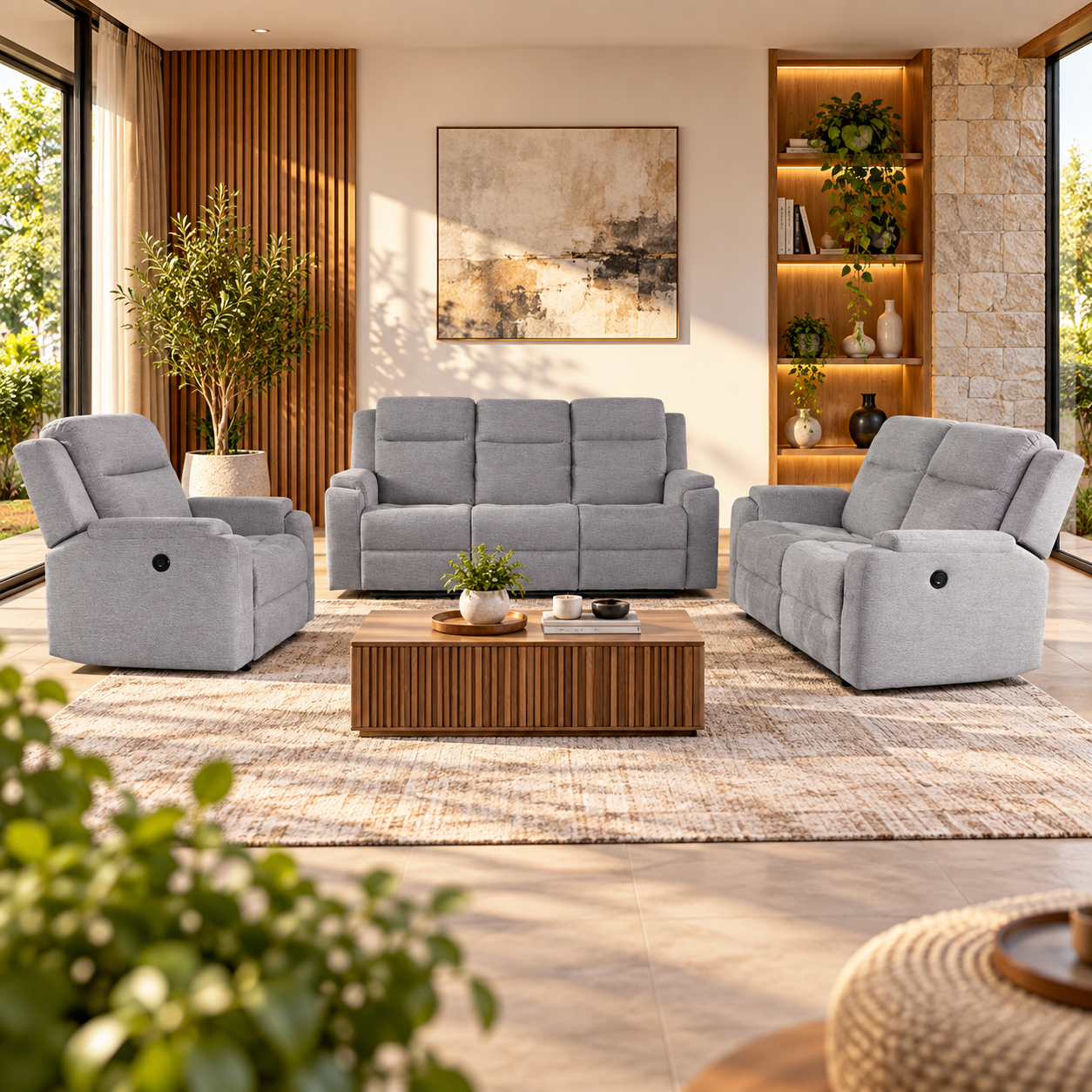 Set canapele relax electrice pentru living, 3+2+1 locuri, cu reglare prin buton pentru pozitie confortabila, suporturi pentru picioare ajustabile, por