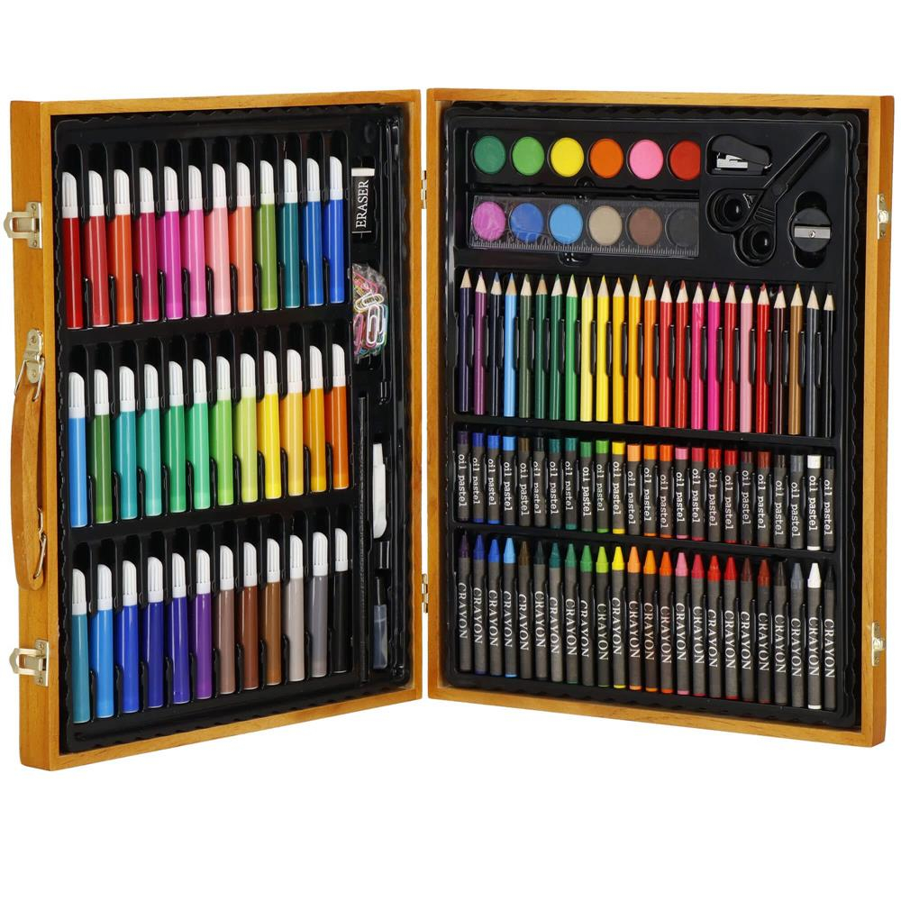 Set pictura desen copii 150 piese trusa lemn creioane acuarele, 37x30x4 cm, complet, maro Brius 